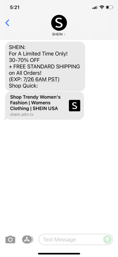 Shein Text Message Marketing Example - 07.25.2021