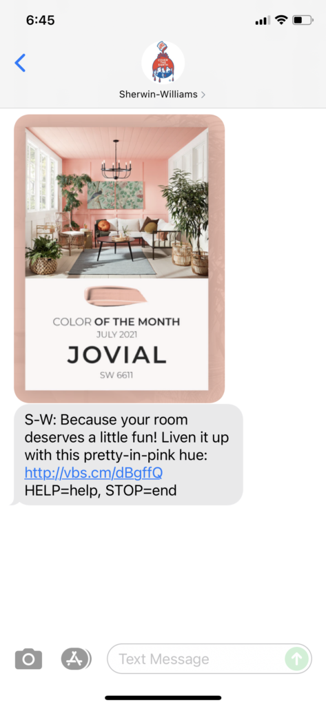 Sherwin Williams Text Message Marketing Example - 07.07.2021
