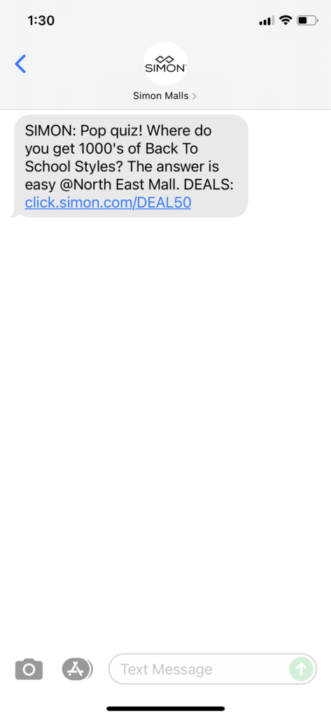 Simon Malls Text Message Marketing Example - 07.15.2021