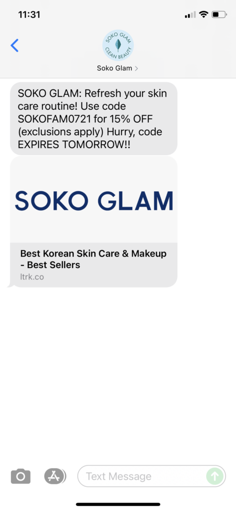 Soko Glam Text Message Marketing Example - 07.13.2021