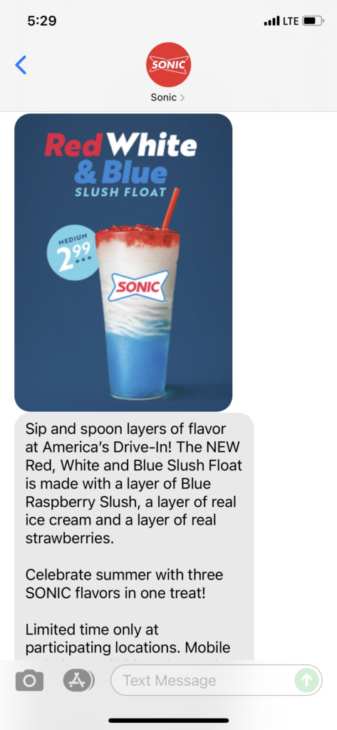 Sonic Text Message Marketing Example - 07.01.2021