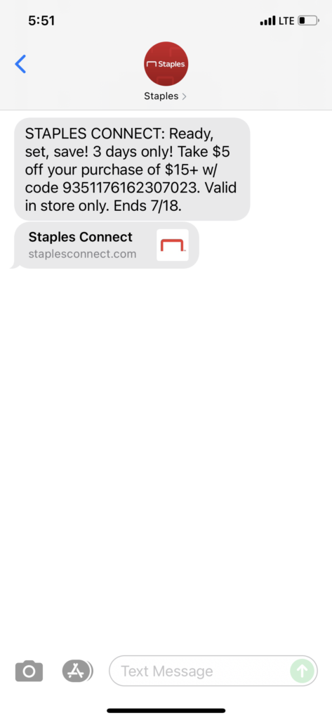 Staples Text Message Marketing Example - 07.23.2021