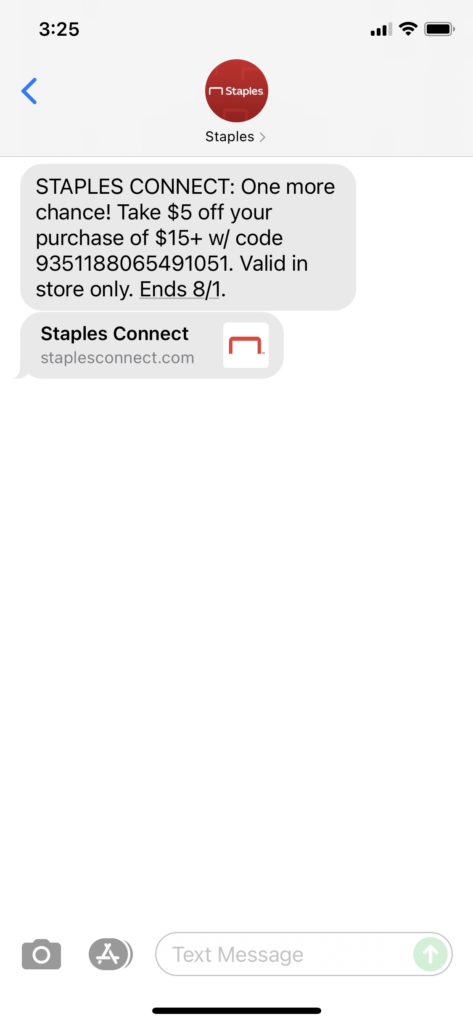 Staples Text Message Marketing Example - 07.30.2021