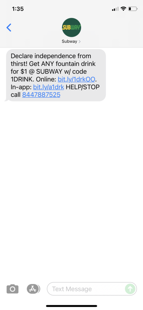 Subway Text Message Marketing Example - 07.03.2021