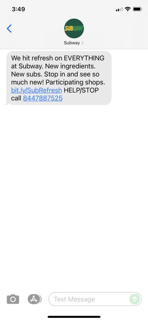Subway Text Message Marketing Example - 07.29.2021