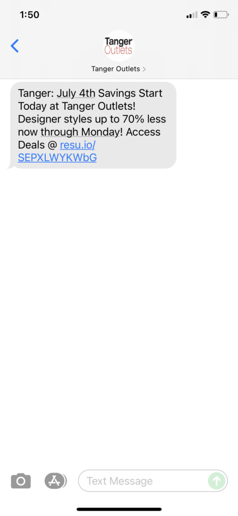 Tanger Outlets Text Message Marketing Example - 07.02.2021