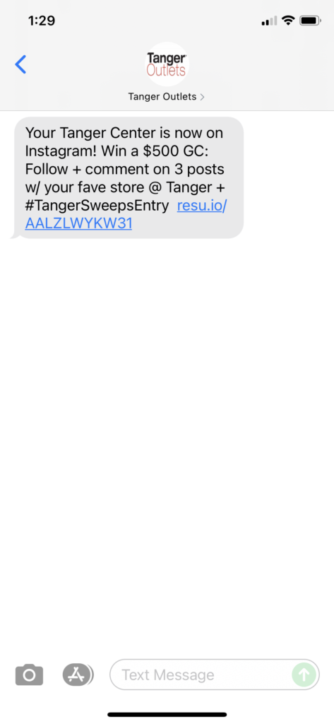 Tanger Outlets Text Message Marketing Example - 07.05.2021
