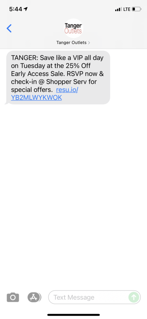 Tanger Outlets Text Message Marketing Example - 07.23.2021