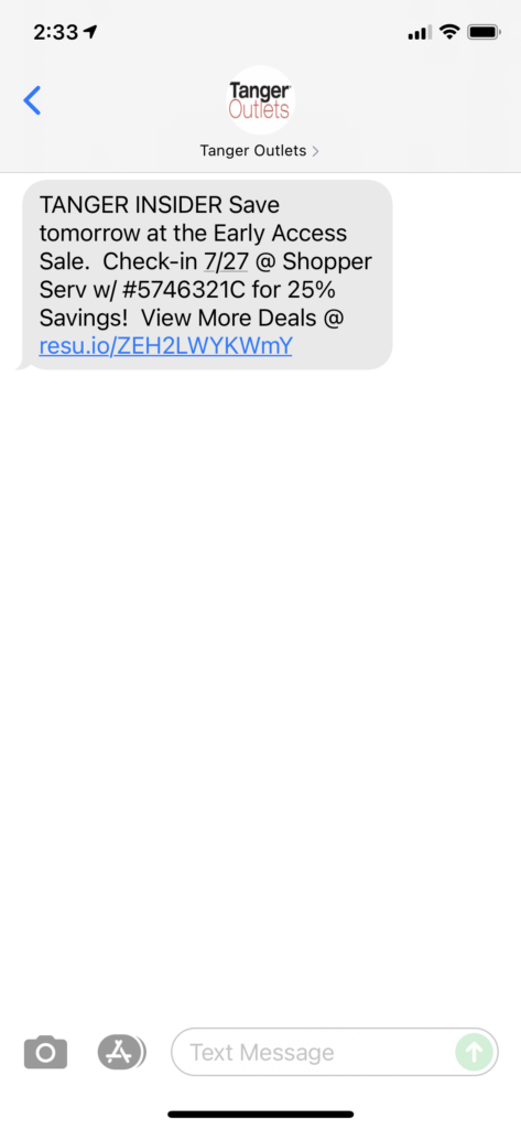 Tanger Outlets Text Message Marketing Example - 07.26.2021