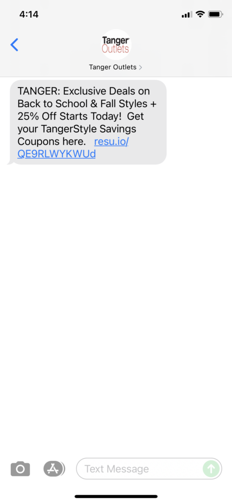 Tanger Outlets Text Message Marketing Example - 07.28.2021