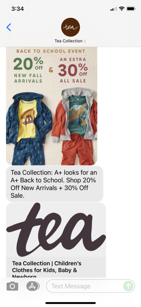 Tea Collection Text Message Marketing Example - 07.30.2021
