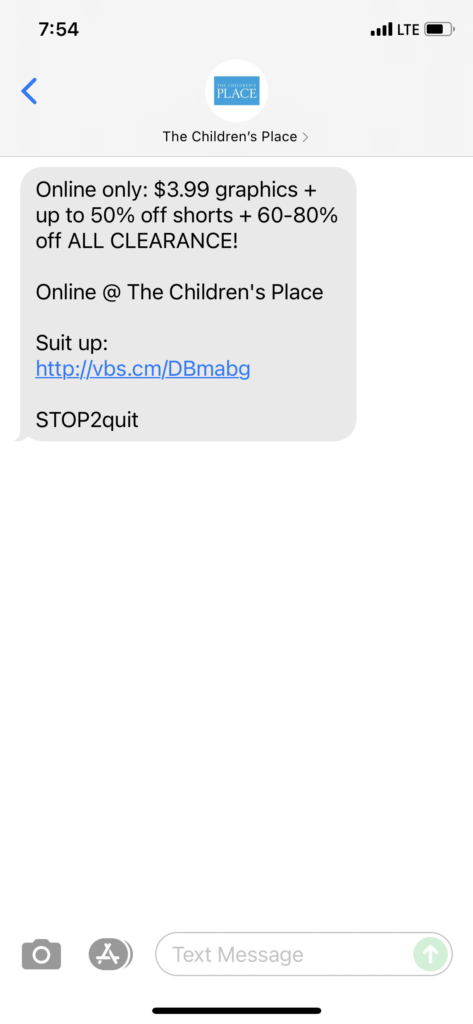 The Children's Place Text Message Marketing Example - 06.26.2021