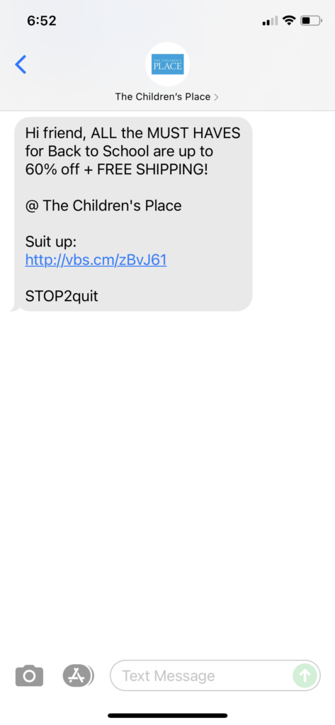 The Children's Place Text Message Marketing Example - 07.06.2021
