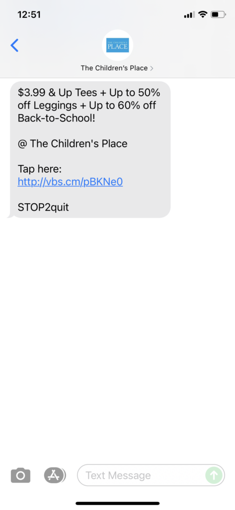 The Children's Place Text Message Marketing Example - 07.15.2021