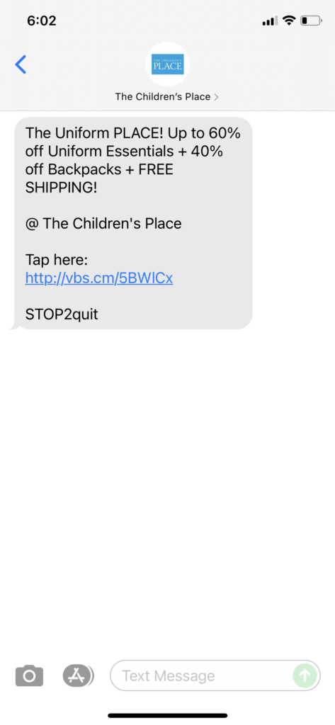 The Children's Place Text Message Marketing Example - 07.22.2021
