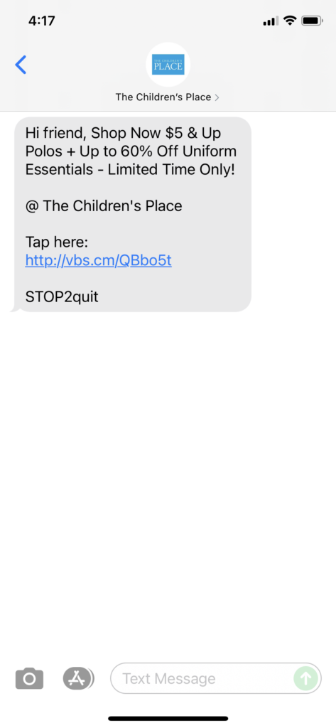 The Children's Place Text Message Marketing Example - 07.27.2021
