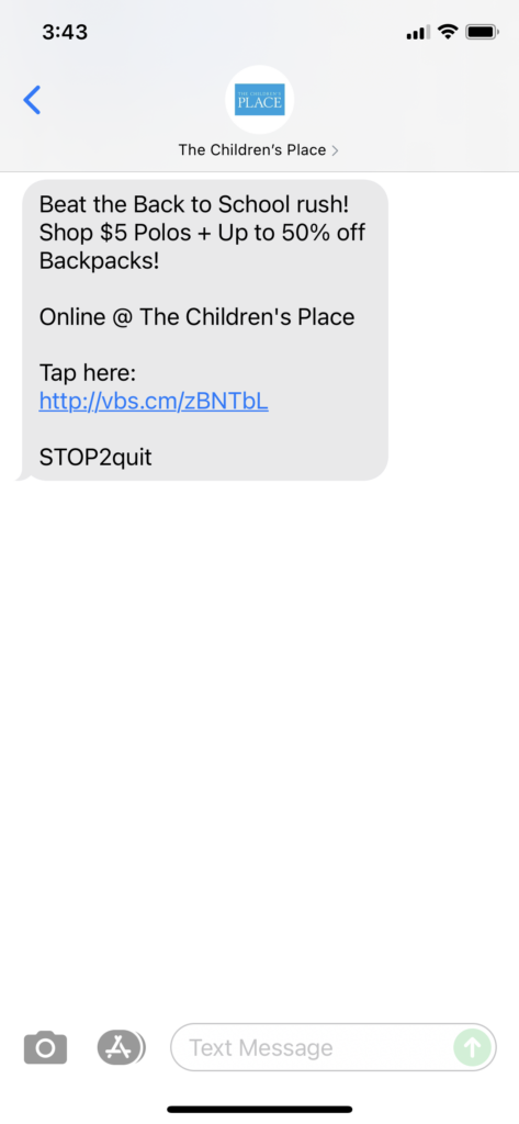 The Children's Place Text Message Marketing Example - 07.29.2021