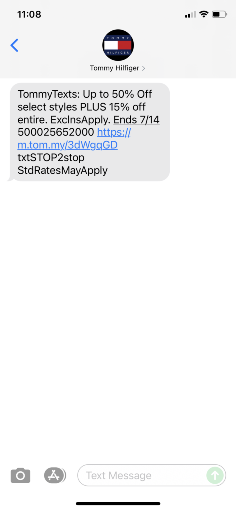 Tommy Hilfiger Text Message Marketing Example - 07.09.2021