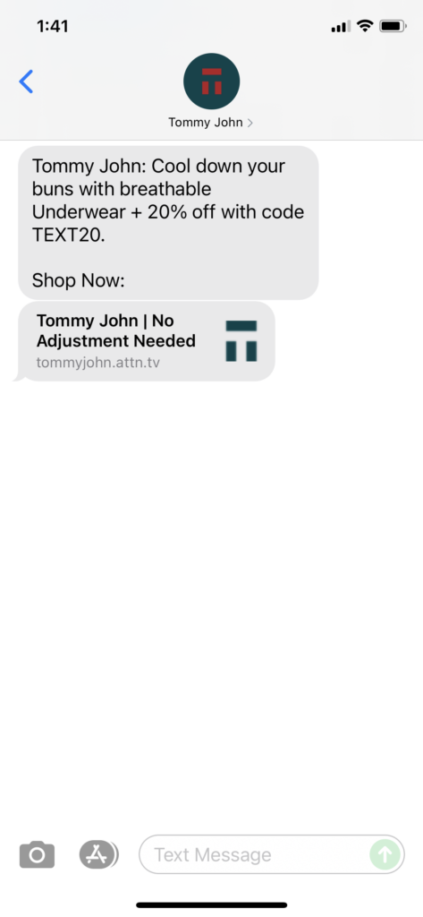 Tommy John Text Message Marketing Example - 07.04.2021