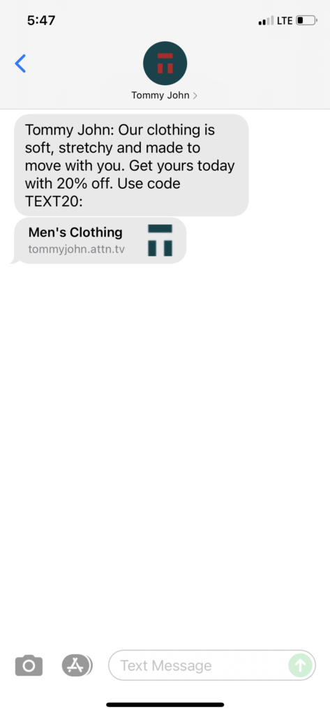 Tommy John Text Message Marketing Example - 07.23.2021