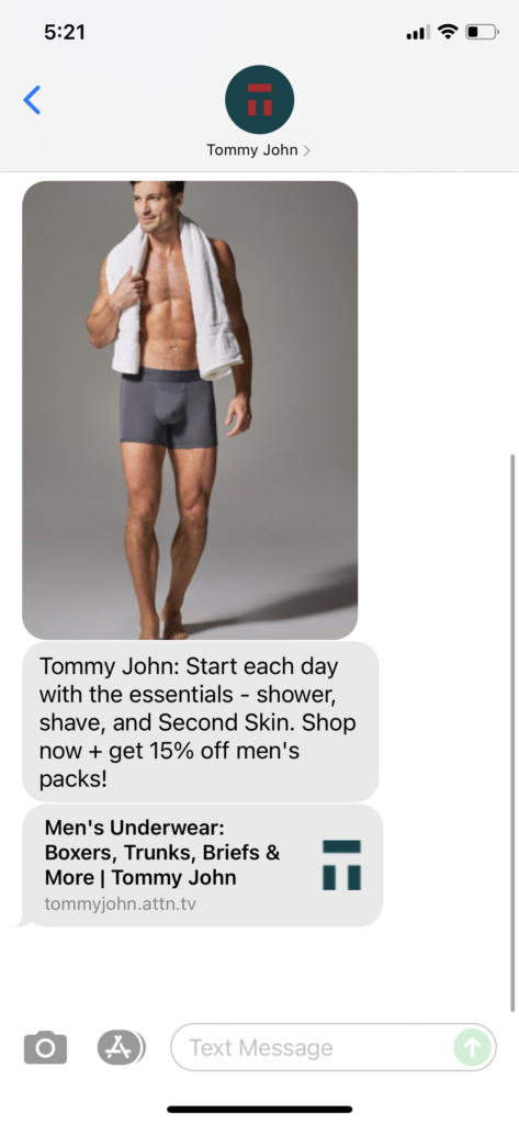 Tommy John Text Message Marketing Example - 07.25.2021