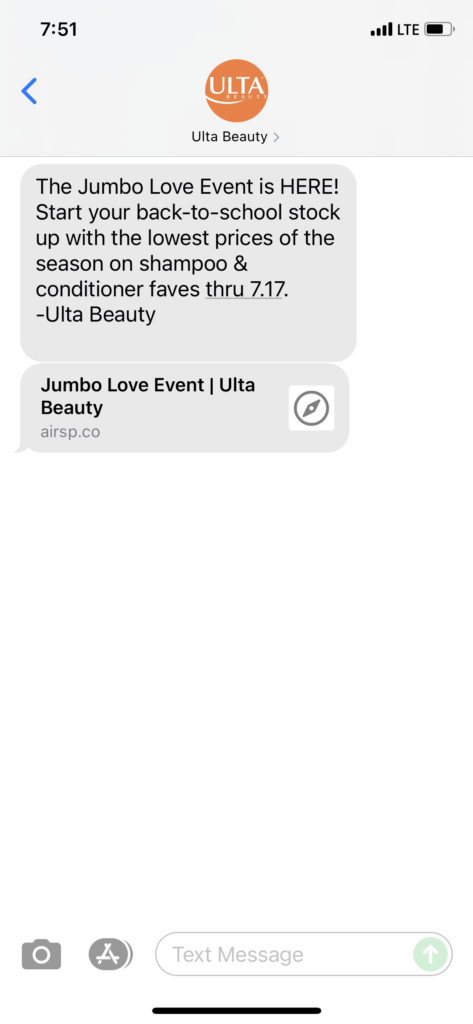 Ulta Beauty Text Message Marketing Example - 06.27.2021