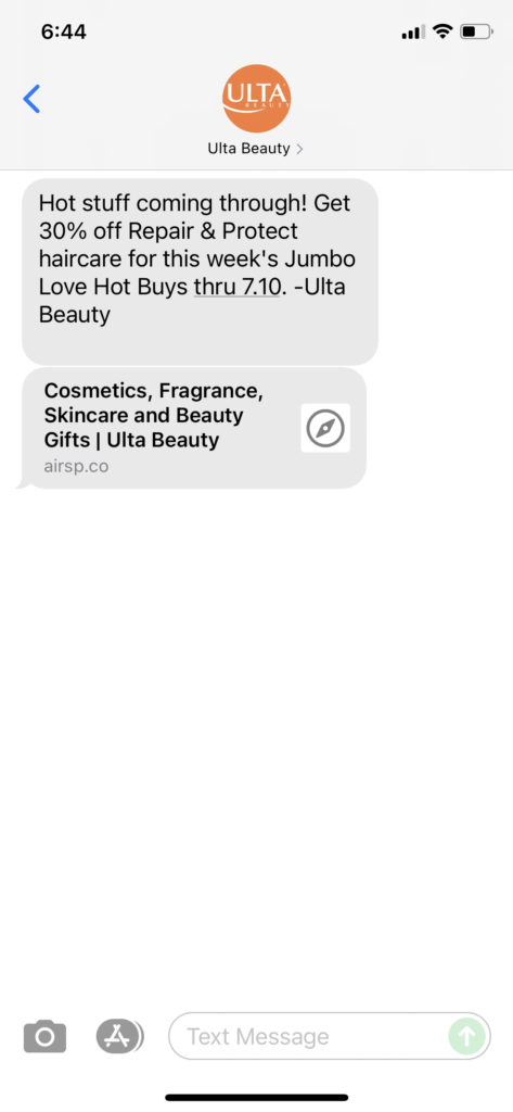 Ulta Beauty Text Message Marketing Example - 07.07.2021