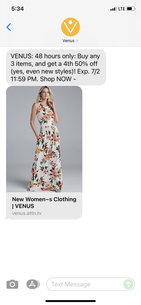 Venus Text Message Marketing Example - 07.01.2021