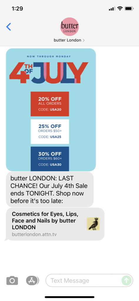 butter London Text Message Marketing Example - 07.05.2021