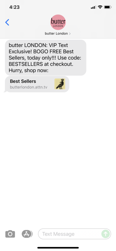 butter London Text Message Marketing Example - 07.27.2021