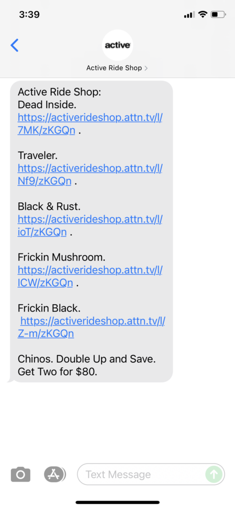 Active Ride Shop Text Message Marketing Example - 08.24.2021
