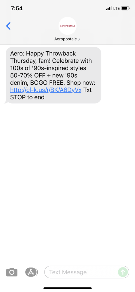 Aeropostale Text Message Marketing Example - 08.26.2021