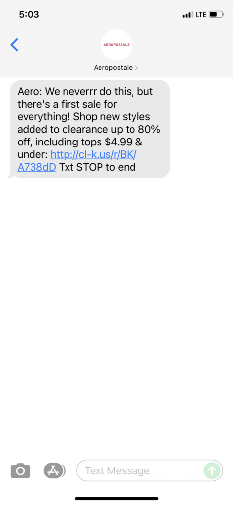 Aeropostale Text Message Marketing Example - 08.28.2021