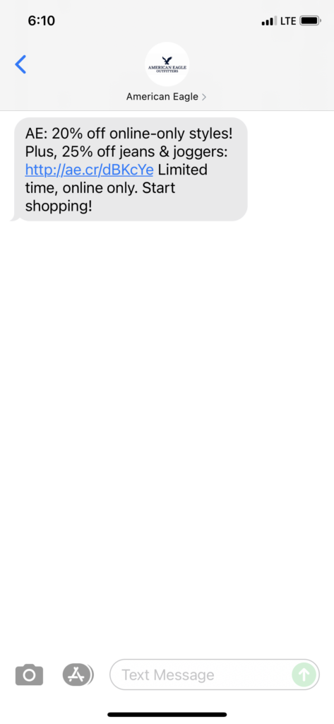 American Eagle Text Message Marketing Example - 08.19.2021