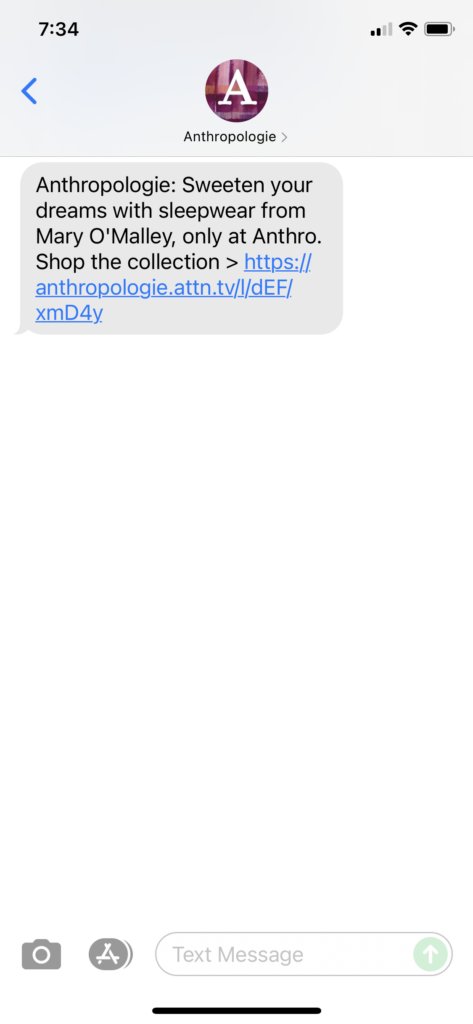 Anthropologie 1 Text Message Marketing Example - 08.16.2021
