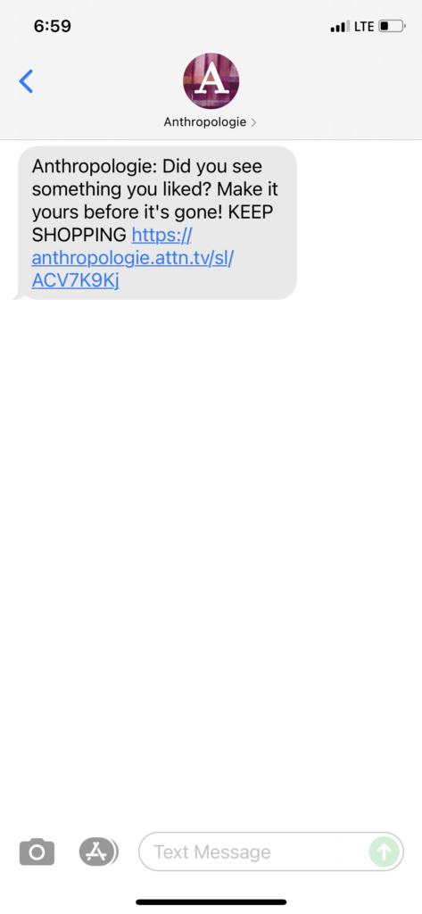Anthropologie Text Message Marketing Example - 08.04.2021