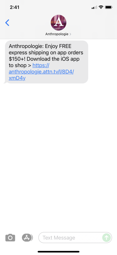 Anthropologie Text Message Marketing Example - 08.06.2021