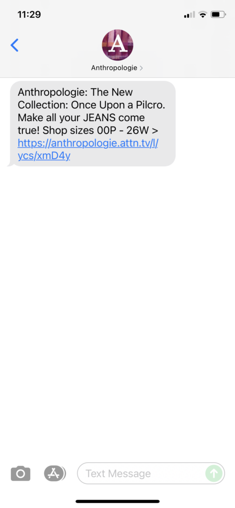 Anthropologie Text Message Marketing Example - 08.20.2021