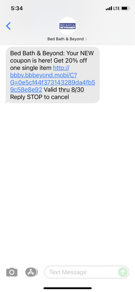 Bed Bath & Beyond Text Message Marketing Example - 08.02.2021