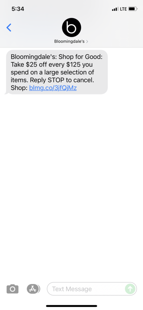 Bloomingdale's Text Message Marketing Example - 08.02.2021