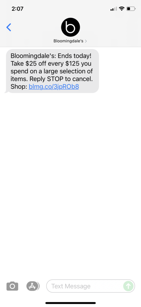 Bloomingdale's Text Message Marketing Example - 08.08.2021