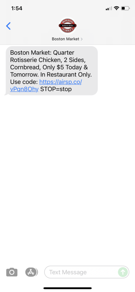 Boston Market Text Message Marketing Example - 08.09.2021