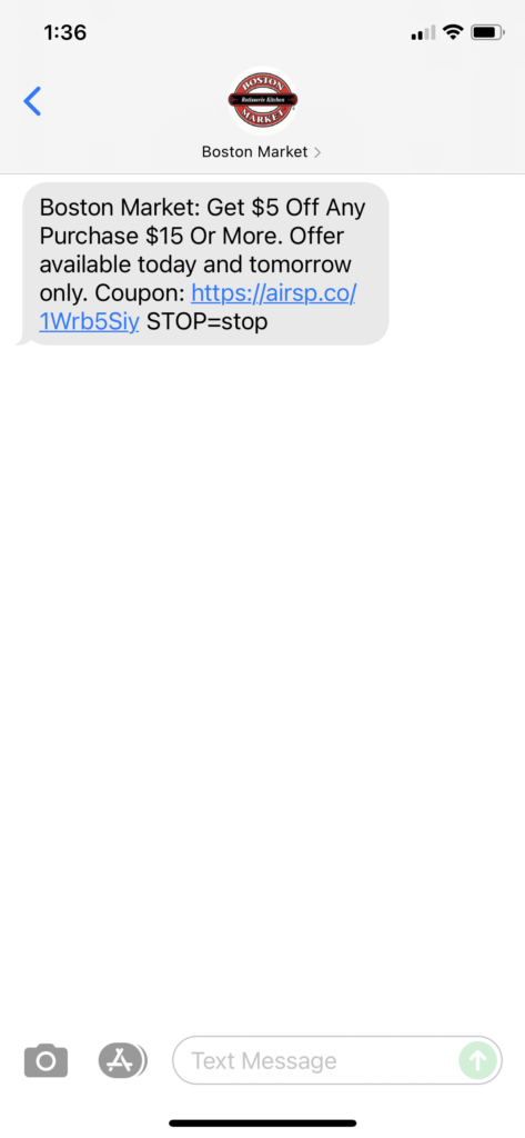 Boston Market Text Message Marketing Example - 08.12.2021
