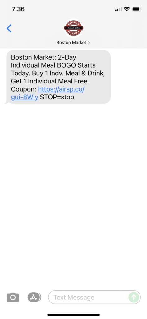 Boston Market Text Message Marketing Example - 08.16.2021