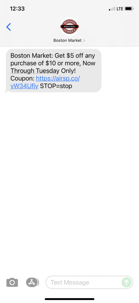 Boston Market Text Message Marketing Example - 08.29.2021