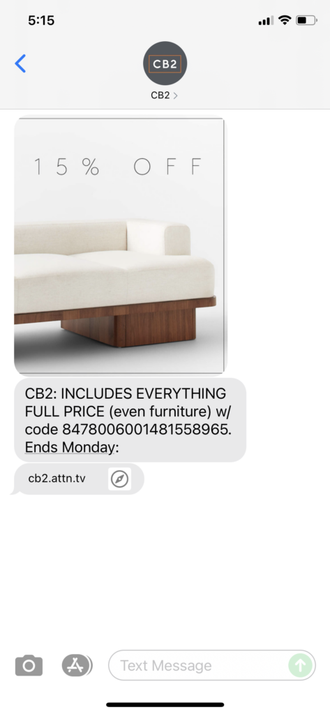 CB2 Text Message Marketing Example - 08.27.2021