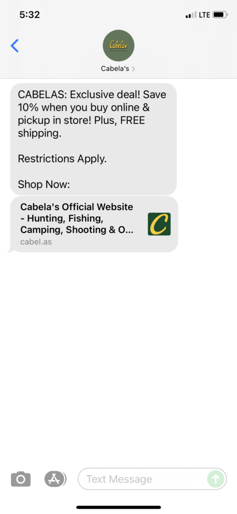 Cabela's Text Message Marketing Example - 08.02.2021