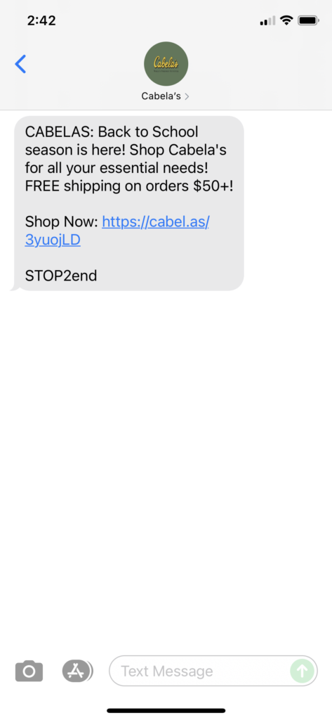 Cabela's Text Message Marketing Example - 08.06.2021
