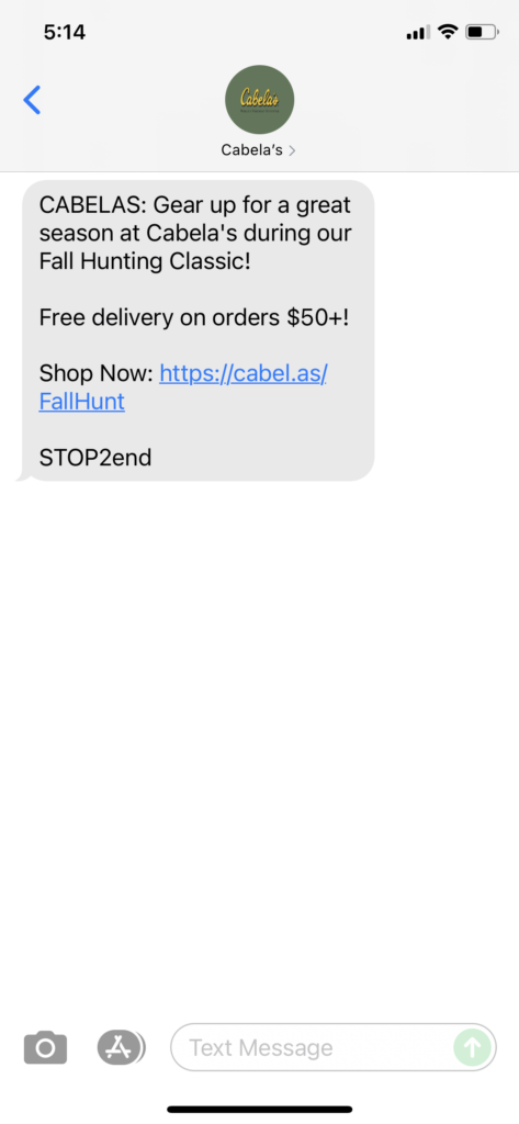 Cabela's Text Message Marketing Example - 08.27.2021