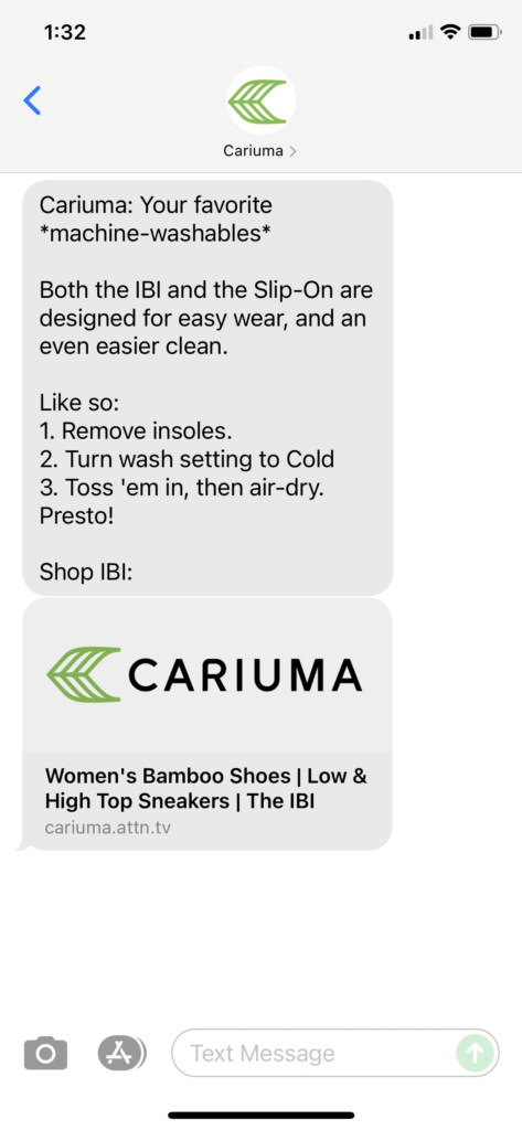Cariuma Text Message Marketing Example - 08.12.2021